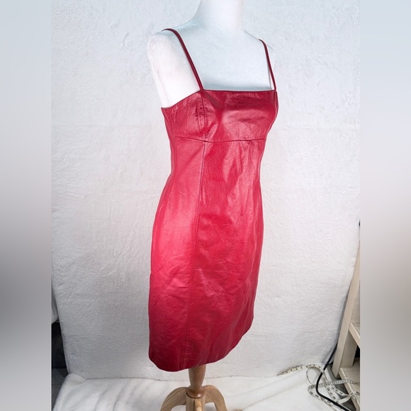 Ralph Lauren Red Leather Mini Dress Size 8 100% Leather Y2K Party Dress - Picture 2 of 15